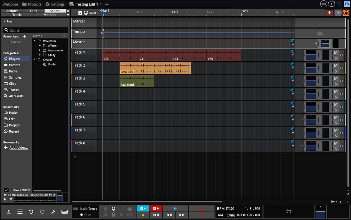 Drum and bass project in LMMS showing pattern blocks and arrangement