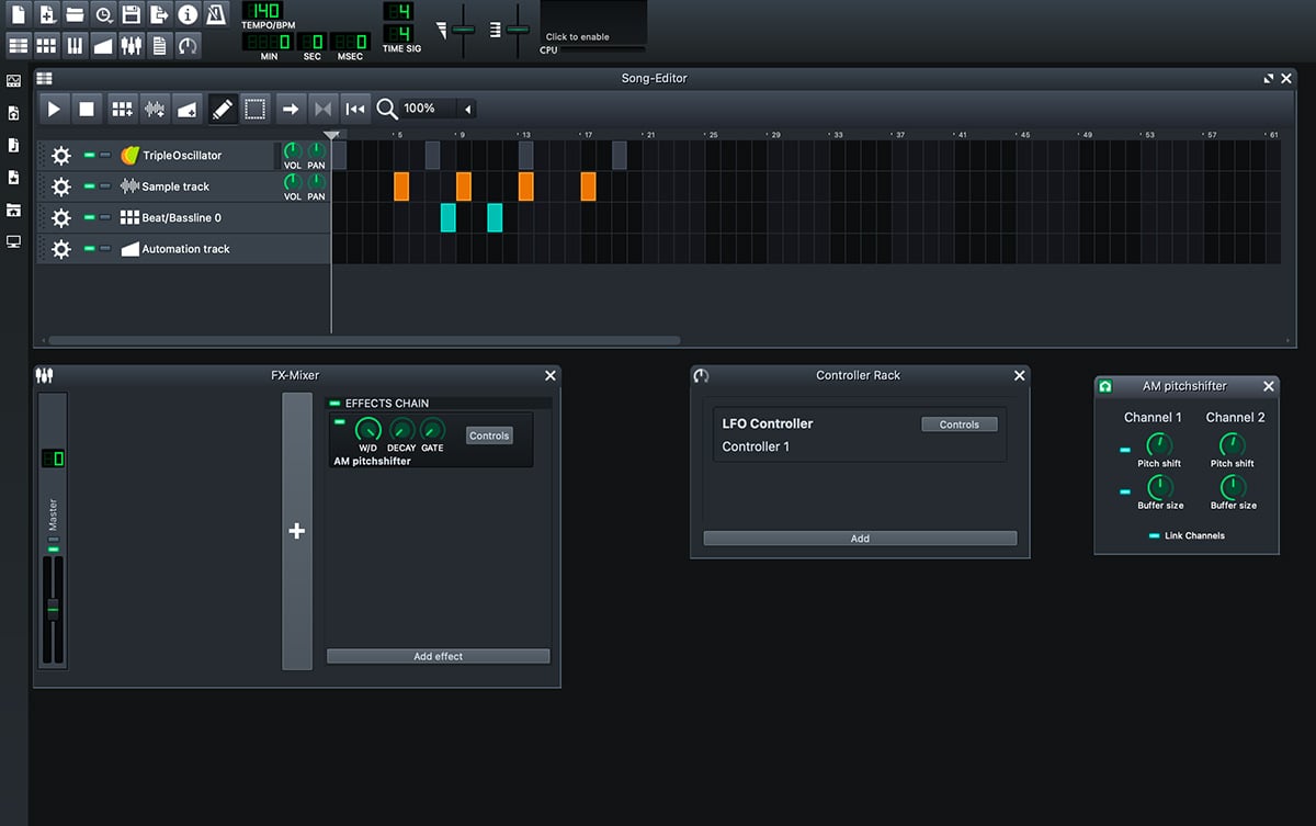 Drum and bass project in Waveform Free showing drum pattern and bass arrangement