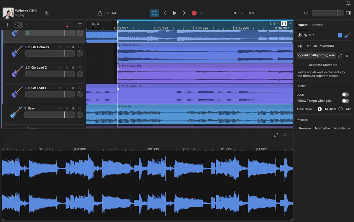 Drum and bass project in GarageBand showing arrangement and MIDI clips