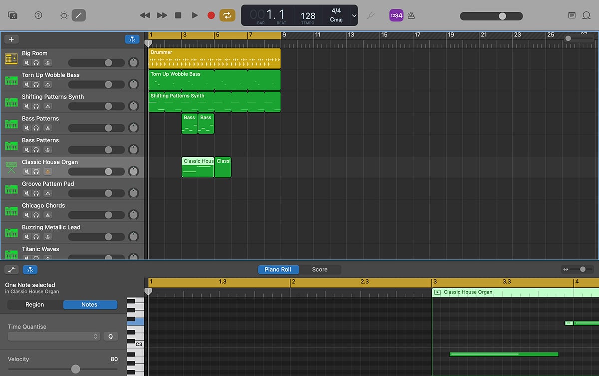 Drum and bass project in Cakewalk showing arrangement and mixer